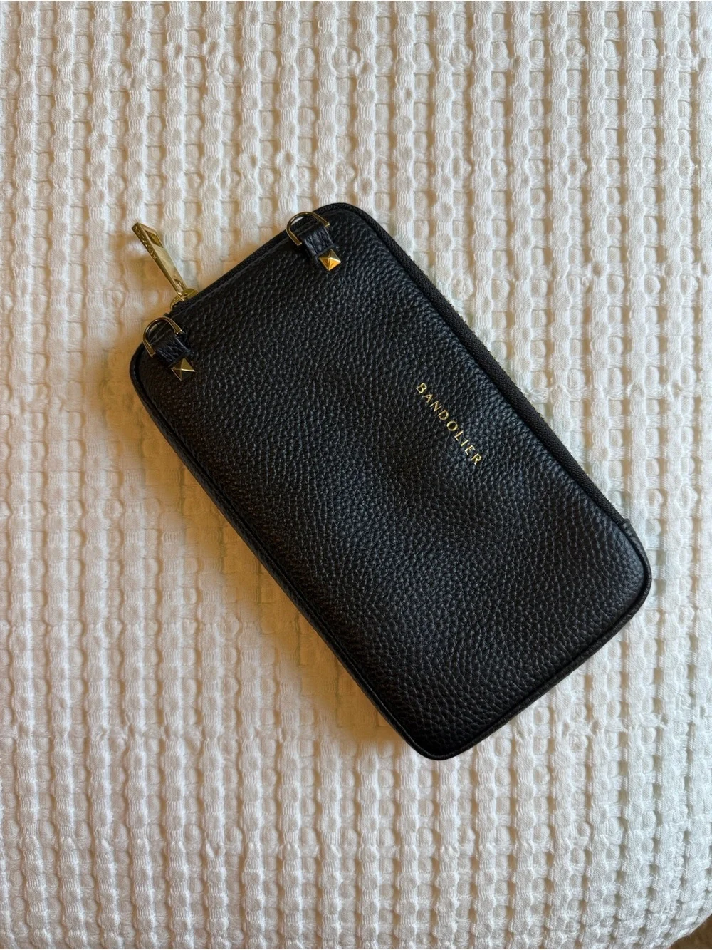 Bandolier Black Pebbled Leather Crossbody Expanded Pouch with Gold Accents